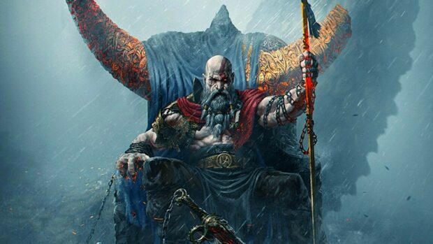 A fierce warrior Kratos sits on his throne holding a weapon under stormy skies, HD Desktop Wallpaper