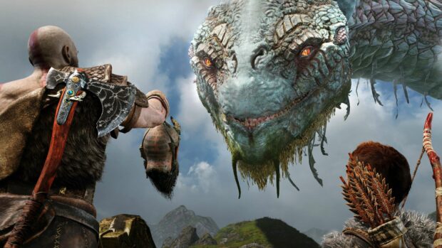 God Of War Wallpapers, Kratos faces a massive serpent while holding a head in a detailed God Of War scene, 4K Desktop Wallpaper