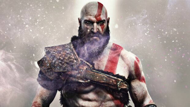 Kratos stands powerful with war paint and armor in God Of War Ragnarok wallpapers, 2K Desktop Wallpaper