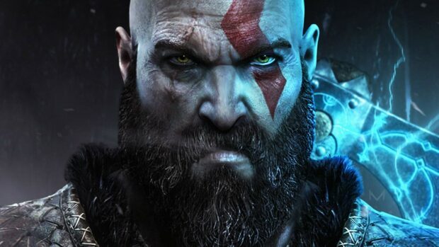 Kratos shows a determined expression holding his glowing axe in God Of War Ragnarok, HD Desktop Wallpaper