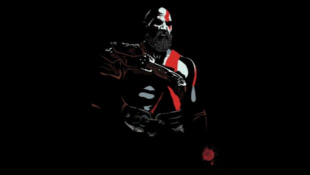 Kratos is depicted with red markings and armor in a dark artistic style, 2K Desktop Wallpaper