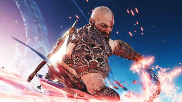 Kratos wielding chain weapons in an intense battle scene from God Of War, 4K Desktop Wallpaper