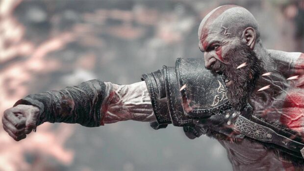 Kratos fiercely attacks with a punch in the God of War game, HD Desktop Wallpaper