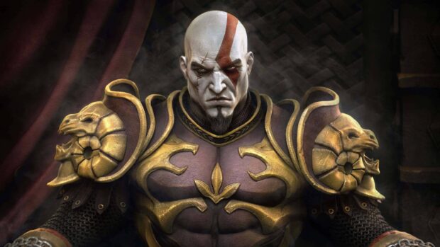 Kratos with golden lion themed armor and war paint prepares for battle, 4K Desktop Wallpaper