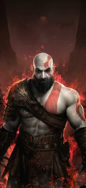 Kratos stands with fiery aura and war paint in intense battle scene for God Of War Wallpapers, 2K Phone Wallpaper