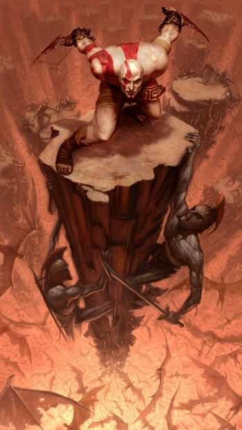 Kratos stands ready with weapons on a rocky pillar during combat, HD Phone Wallpaper