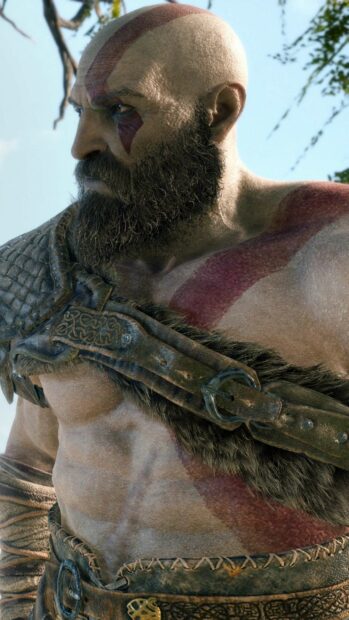 Kratos displays a focused expression with his signature red markings and armor, 2K Mobile Wallpaper