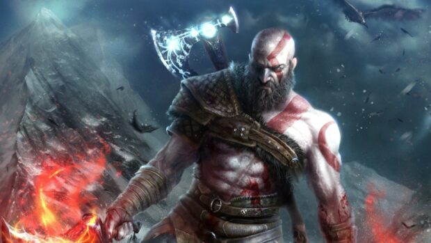 Kratos wields a glowing axe surrounded by fire and mountains in God Of War Ragnarok, 2K Desktop Wallpaper