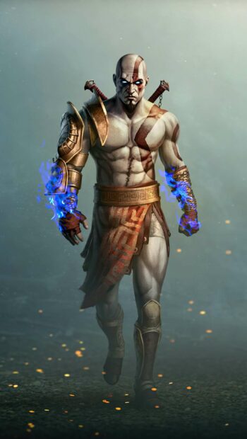 Kratos is shown walking with blue fire on his hands in intense battle mode, HD Phone Wallpaper