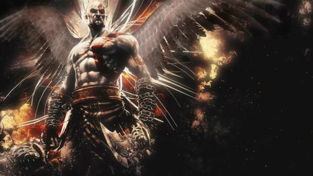Kratos stands with wings and battle axe in a fiery background from God Of War Wallpapers, HD Desktop Wallpaper