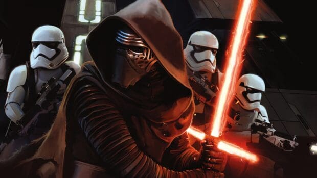 Kylo Ren wields a red lightsaber while stormtroopers stand ready behind him in this Jj Abrams Wallpapers, 4K Desktop Wallpaper
