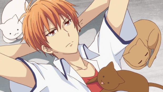 A young man from Fruits Basket relaxing with three cats around him, 2K Desktop Wallpaper