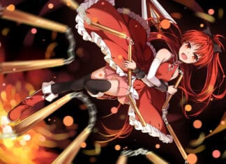Kyoko Sakura is shown using chained weapons with fiery effects, HD Desktop Wallpaper