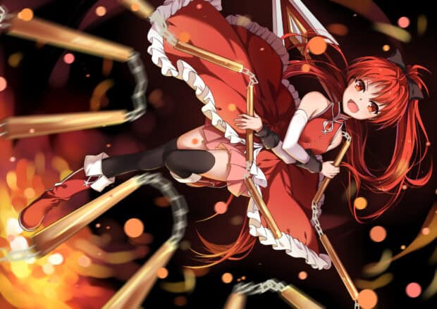 Kyoko Sakura is shown using chained weapons with fiery effects, HD Desktop Wallpaper