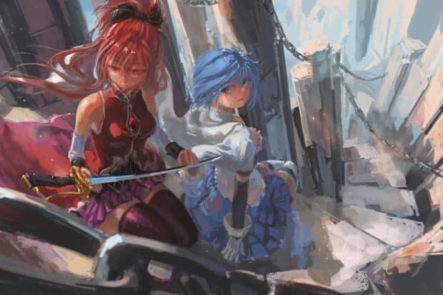 Kyoko Sakura and a blue haired girl prepare for battle with a sword in a dimly lit setting, HD Desktop Wallpaper