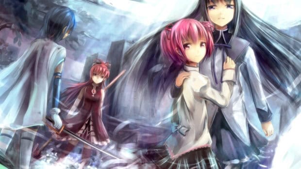 Kyoko Sakura and other characters stand in a tense atmosphere with swords and emotions, HD Desktop Wallpaper