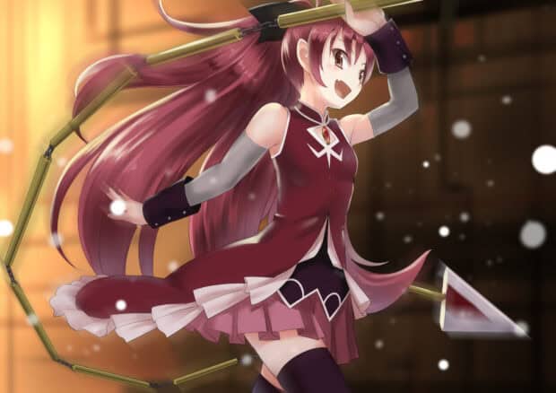 Kyoko Sakura stands confidently with her spear in a glowing background, HD Desktop Wallpaper
