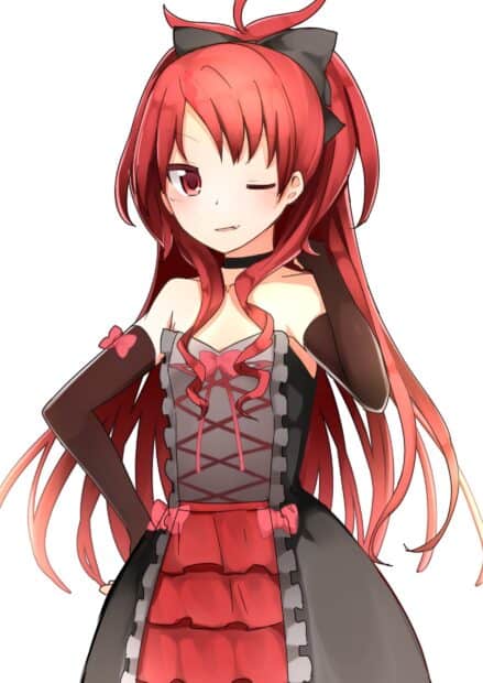 A confident Kyoko Sakura with red hair winking in a fantasy outfit, HD Desktop Wallpaper
