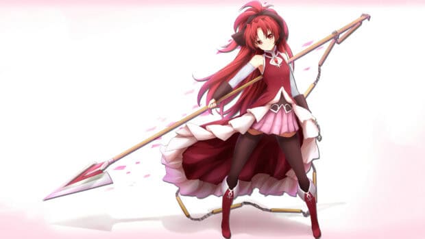 Kyoko Sakura stands confidently with a long spear and flowing red outfit, HD Desktop Wallpaper