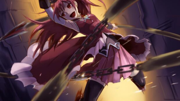 Kyoko Sakura wallpapers show her in an intense battle scene with chains, HD Desktop Wallpaper