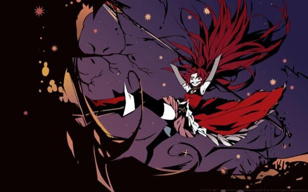 Kyoko Sakura is depicted in a dynamic pose with flowing red hair and a spear, HD Desktop Wallpaper