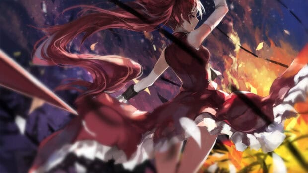 Kyoko Sakura stands ready in a dramatic fiery scene, HD Desktop Wallpaper
