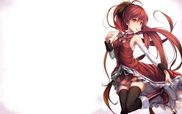 Kyoko Sakura poses dynamically with her red hair flowing in an elegant outfit, 2K Desktop Wallpaper