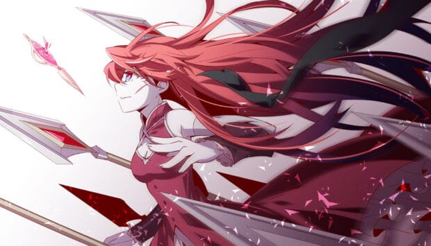 Kyoko Sakura shows a determined expression holding a spear with flowing red hair, HD Desktop Wallpaper