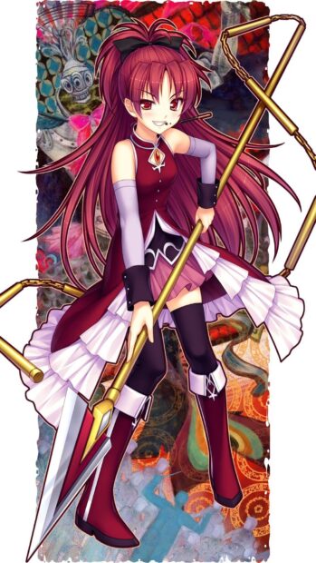 Kyoko Sakura stands confidently holding her spear against a detailed background, HD Mobile Wallpaper