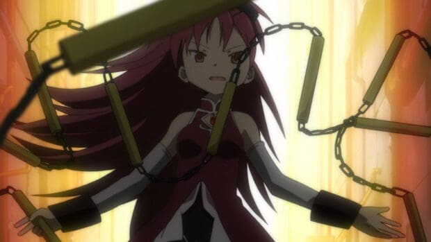 Kyoko Sakura is depicted with intense expression and her chained weapons in a bright background, 4K Desktop Wallpaper