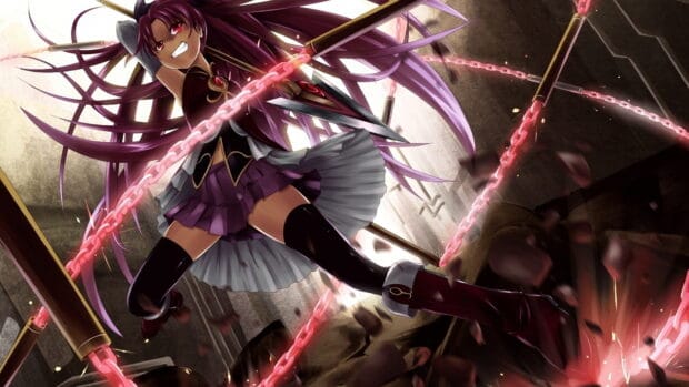 Kyoko Sakura is shown using glowing chains as weapons in intense battle, 4K Desktop Wallpaper