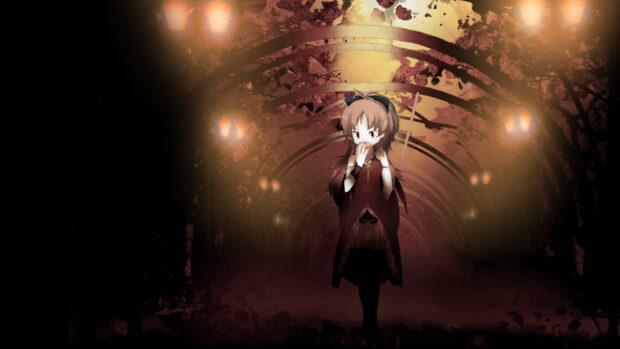Kyoko Sakura is standing and eating an apple under glowing lights in a mysterious tunnel, HD Desktop Wallpaper