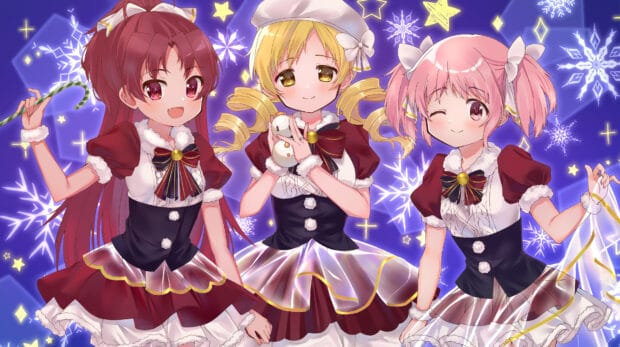 Kyoko Sakura in festive winter attire with two friends under glowing stars and snowflakes, 2K Desktop Wallpaper