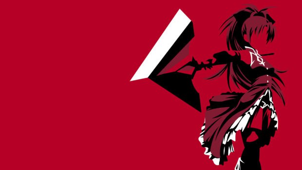 Kyoko Sakura stands holding a large spear on a red background, 2K Desktop Wallpaper