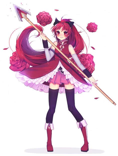 Kyoko Sakura stands confidently holding her spear surrounded by floating roses, HD Mobile Wallpaper