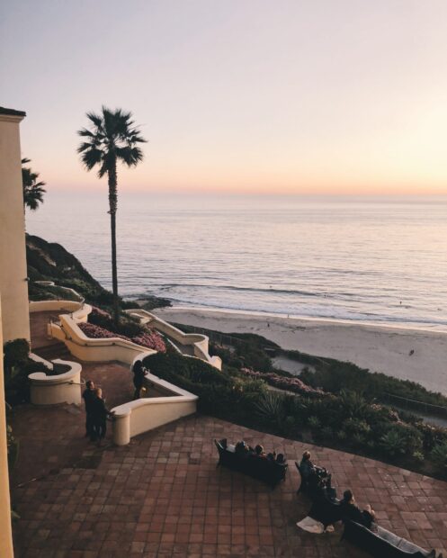 People enjoying the peaceful Laguna Beach scenery with palm trees and ocean waves, HD Desktop Wallpaper