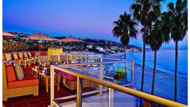 A scenic view of Laguna Beach with palm trees and ocean at sunset, 4K Desktop Wallpaper