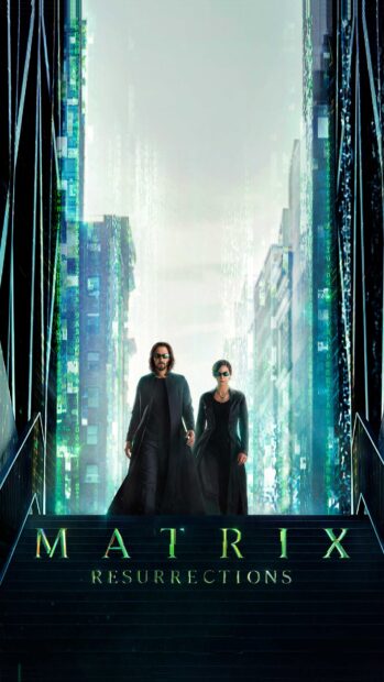 Lana Wachowski wallpapers show characters walking down stairs in a futuristic city, 4K Phone Wallpaper