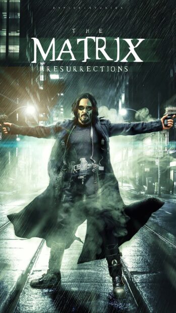 A man stands in the rain with guns in a dark city scene from Lana Wachowski wallpapers, 4K Phone Wallpaper