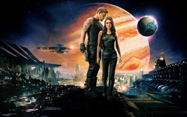 Lana Wachowski wallpapers featuring sci fi characters with planets and futuristic city, 2K Desktop Wallpaper