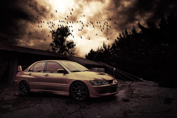 A Lancer Evo is parked near trees under a sky filled with flying birds at dusk, 2K Desktop Wallpaper