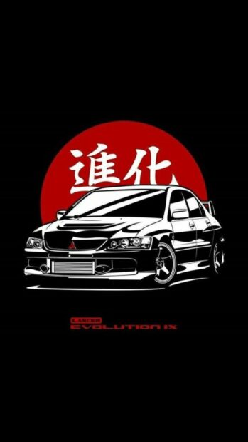 A black and white Lancer Evo is shown with a red Japanese symbol behind it, HD Phone Wallpaper