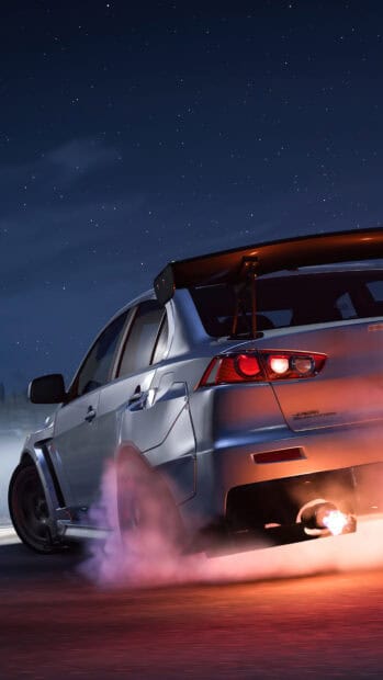 A Lancer Evo is drifting on a road under a starry night sky, 4K Phone Wallpaper