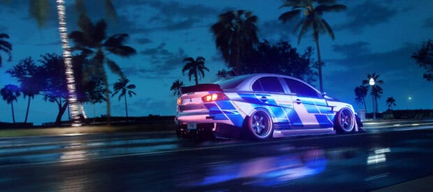 A Lancer Evo is driving fast on a wet road under palm trees at night, 4K Desktop Wallpaper