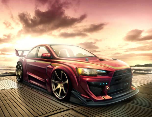 A red Lancer Evo with custom design parked near the shore at sunset, HD Desktop Wallpaper