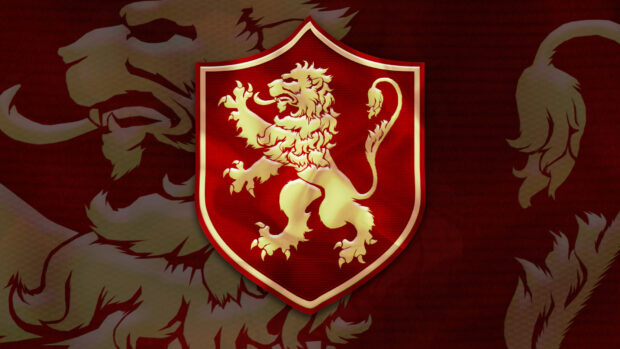 The image shows a golden lion emblem on a red background representing House Lannister, HD Desktop Wallpaper