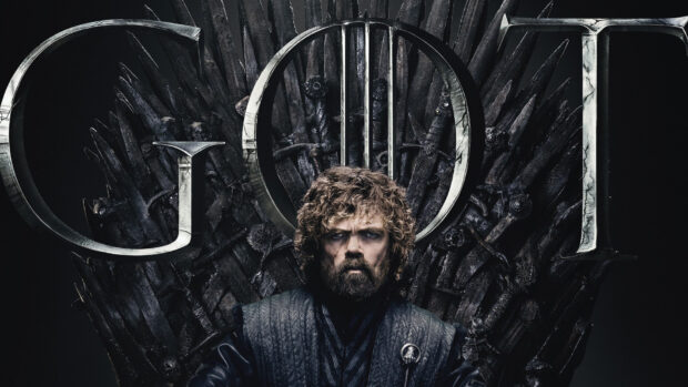 A fierce portrait of a House Lannister character seated on the Iron Throne with swords, HD Desktop Wallpaper