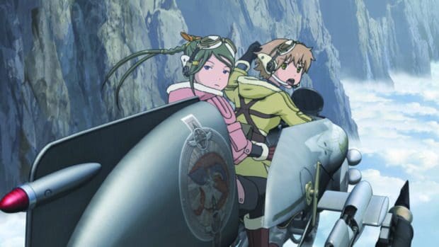 Two Last Exile characters ride a flying machine near rocky cliffs and clouds, HD Desktop Wallpaper