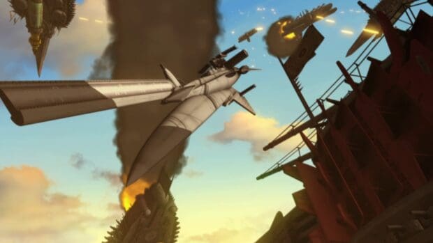 Last Exile features an intense aerial battle with flying ships and smoke, HD Desktop Wallpaper