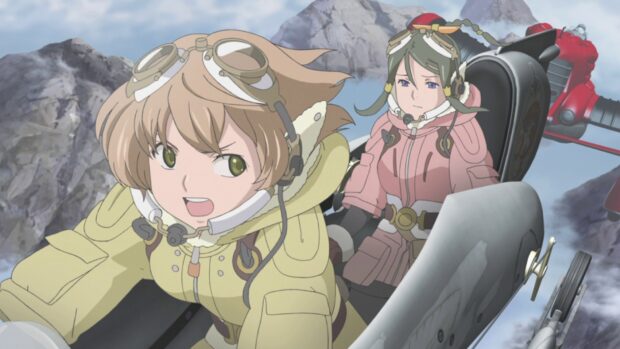 Two Last Exile characters in pilot gear flying a vehicle over a rocky landscape, HD Desktop Wallpaper